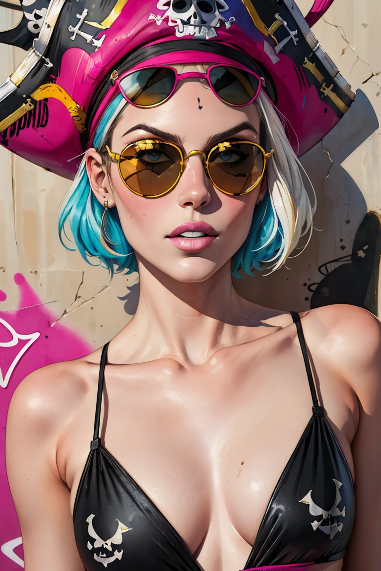 watercolor painting, 8k resolution、((of the highest quality))、((masterpiece))、((Super detailed))、1 female、alone、incredibly absurd、 (((The most beautiful pirate girl of all time.))), (((stylish sunglasses))), lips in love, White skin, pirate hat, skull fashion, neon、short hair、small breasts, (((graffiti art))), colorful hair, provocative