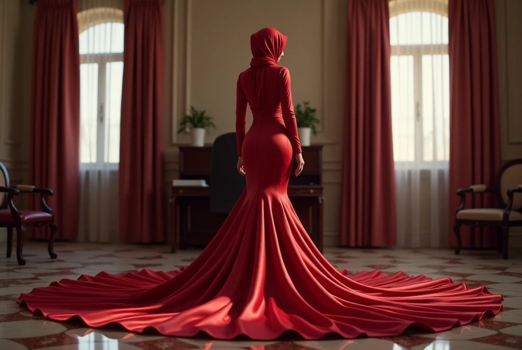 a woman in the silk gown, full body,wear hijab,wear corset ,half neked, mermaid tight long gown, flowy dramatic long gown, double long satin train ( 4 meter long ),red satin sheet, in office room, in wear high heels, masterpice, 4k resolution, ultra-realistic, highly detail.