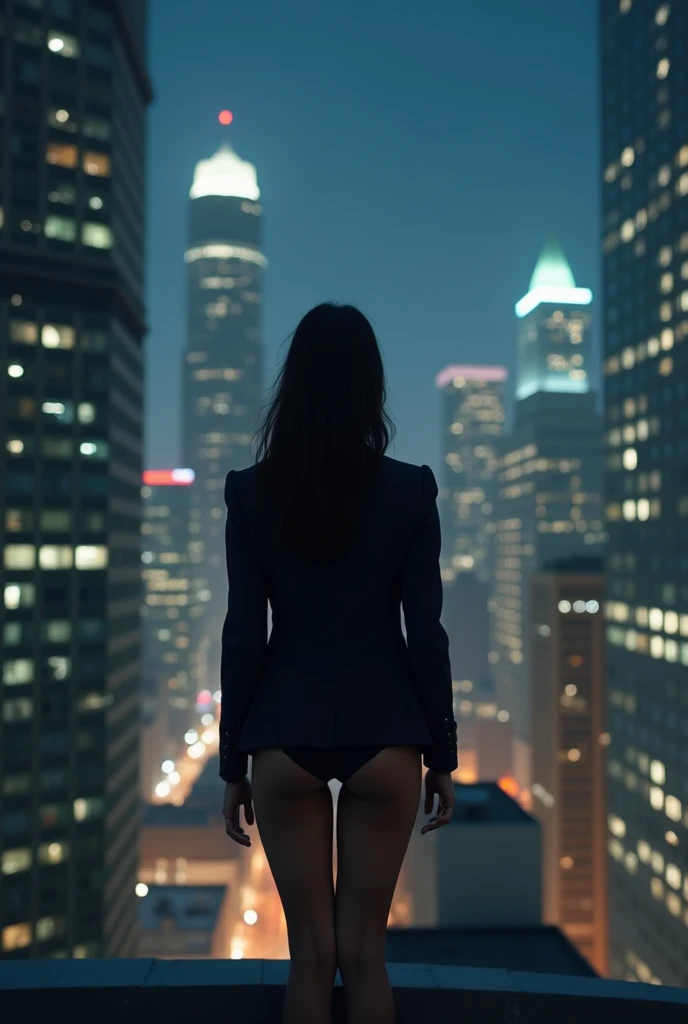 A muscular career woman in a business jacket and panties is urinating profusely towards the skyscrapers at night on the roof of a high-rise apartment building.、urinating at the viewer