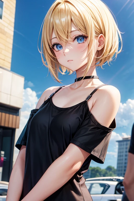 Anime girl, blonde short shoulder-length hair, blue eyes, black t-shirt
