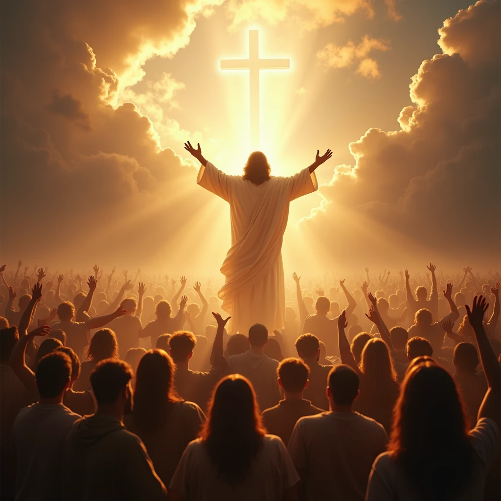 Jesus coming in the clouds while many people worship him waiting for him to arrive