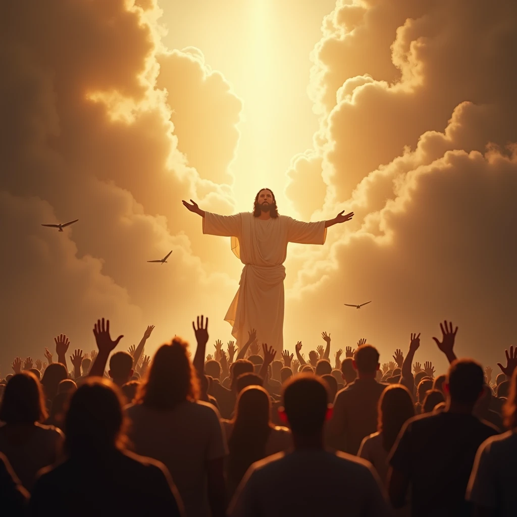 Jesus coming in the clouds while many people worship him waiting for him to arrive