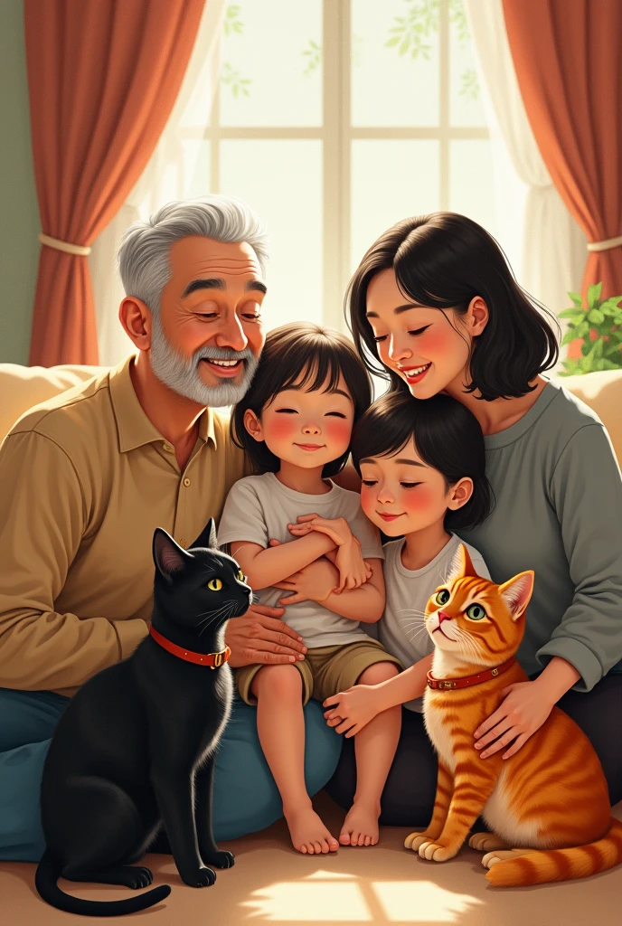 A family with 2 grandparents with a few gray hairs, They have 4 children, the 40 year old son, 30 year old daughter, 25 year old son and 19 year old daughter. A 4 year old granddaughter. With two black cats and an orange cat.
