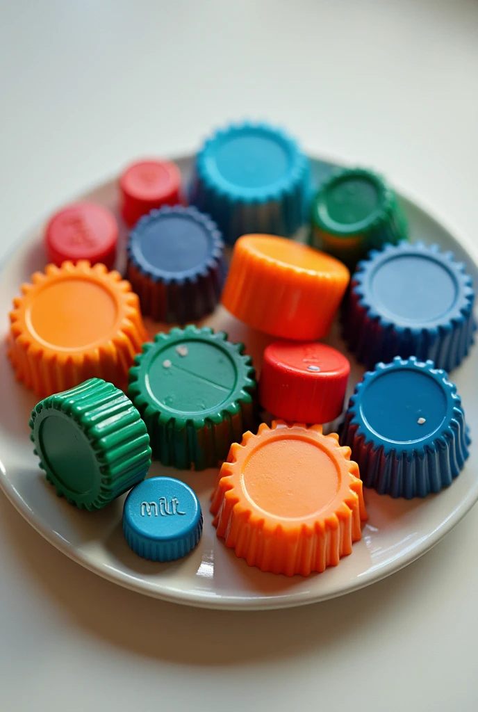 Plastic bottle caps on a plate