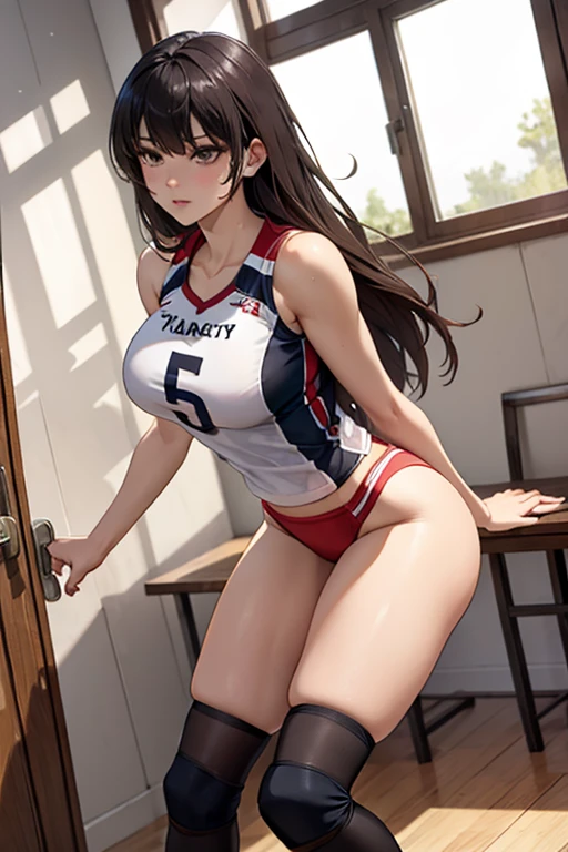 Masterpiece, Ultra quality, good lighting, shadows, perfect anatomy, posing, 1 girl, 21 years, mature girl, volleyball player, cute face, beautiful body, black long hair, black eyes, seductive eyes, volleyball uniform, background room, rear, breasts, Thighs, seductive, hot, spicy, NSFW,