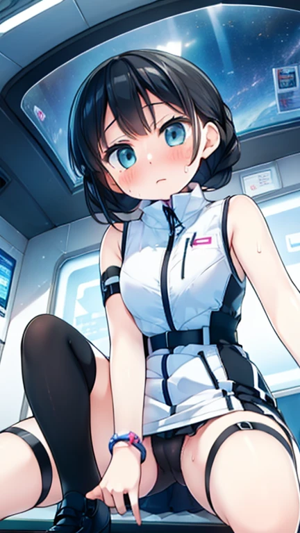 (Highest quality), (masterpiece), 1080P, High resolution, 4K, 8k, Inside the space station、Futuristic room、Thigh straps, Shooting from directly below, The woman on top of me, 白いSweat, Covered , Sweat, Woman looking down, Skirt swimsuit, Thigh-high socks, To achieve this, , , whole body, Black leather shoes, Braided hair, Inner Color, Embarrassed face, Short black hair, bracelet, Bedroom,celestial body_Vest
