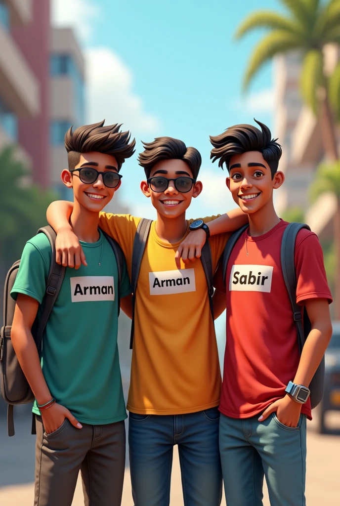 to real indian 15 year old Indian boys friends are standing leaning against a arban5 bake, and all to are wearing different white, yellow ,black shirts and black pants, white shoes, and all to have different names on their t-shirts.It is written” Arman,Sabir,” and the middle boys hand is on the Shoulders of both of them and all to have a watch, sunglasses, beautiful blur background view. make sure name should be correct
