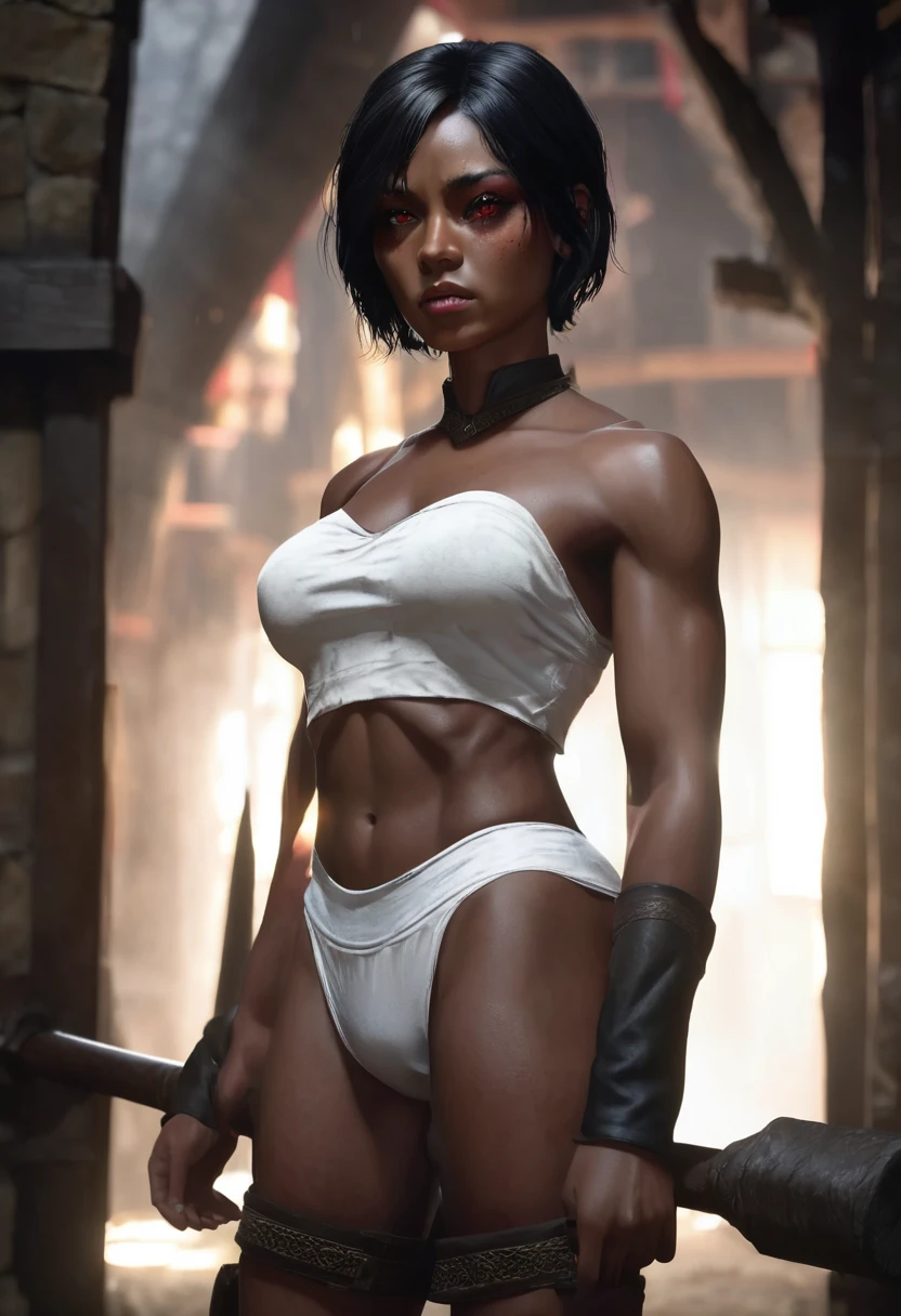 1 woman, background is a medieval training camp, muscular female body, wearing a white strapless crop top and medieval training pants, eyelidless eyes, detailed facial features, female red eyes, detailed black skin, short black hair, dramatic lighting, cinematic composition, dark somber palette, dark colors, atmospheric haze, thin chin, serious face, strong and beautiful woman, adult woman, ultra realistic, adult man (best quality, 4K, 8K, Hi-Res, Art: 1.2), ultra detailed (realistic, photorealistic, photorealistic: 1.37)