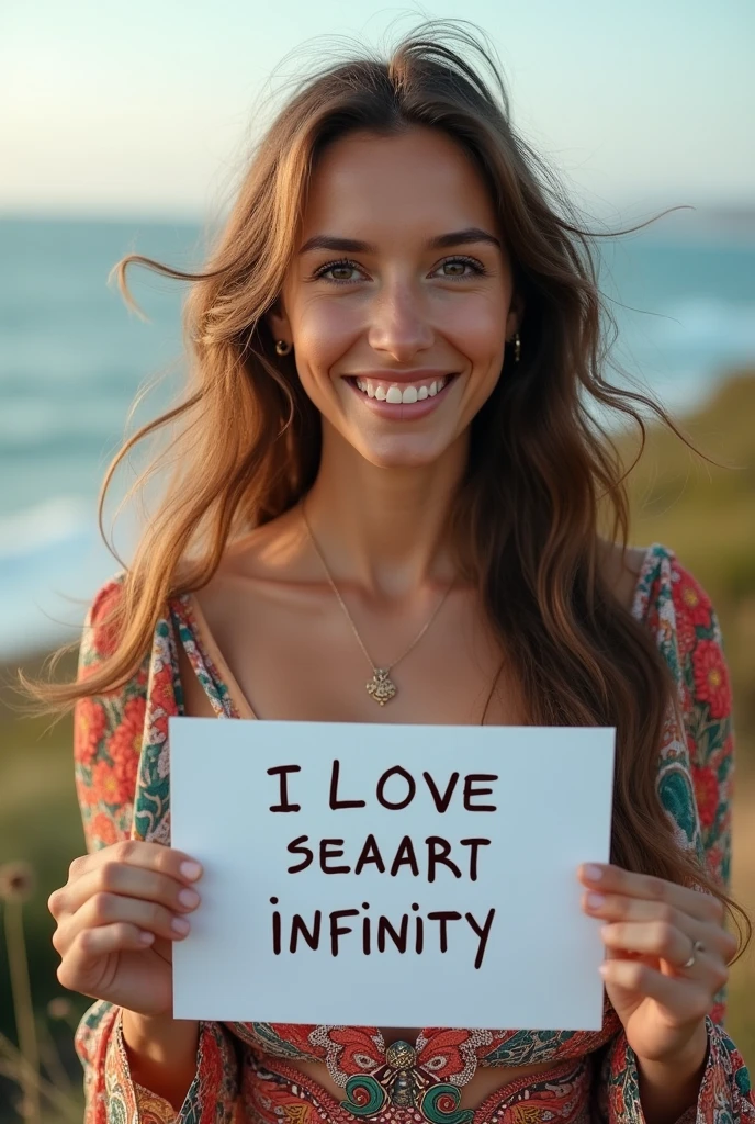 Beautiful girl with wavy long hair, bohemian dress, holding a white board with text "I Love Seaart Infinity" and showing it to the viewer