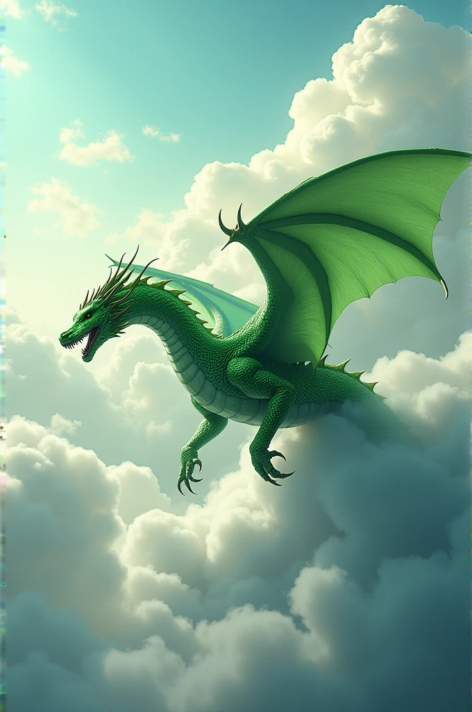 Genera a un dragón 🐉 color verde volando por las hermosas nubes ☁️ 