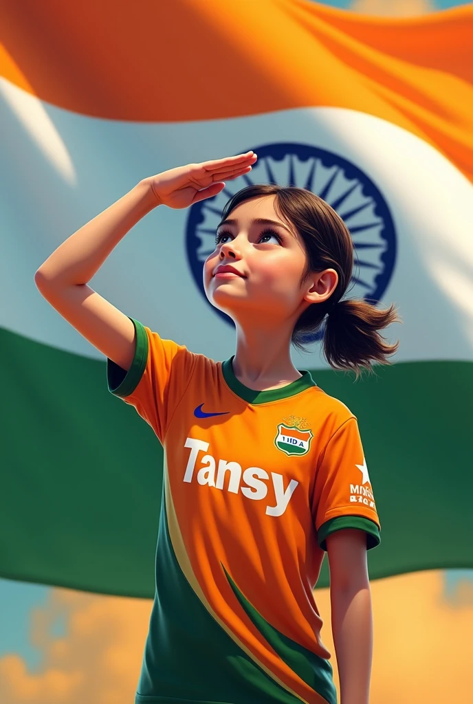 Front side Indian national flag, girl wearing Indian flag jersey and salute to flag with Tansy name