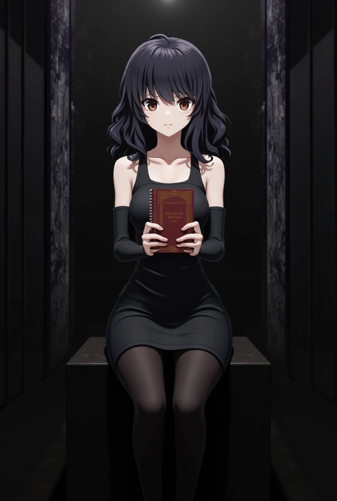 I want a 3d drawing of Misa Aname from Dead Note with curly hair and bangs, dark hair and brown eyes, with the Dead Note notebook in his hand and the girl is dressed in a black dress and black tights on her arms , on a dark background
