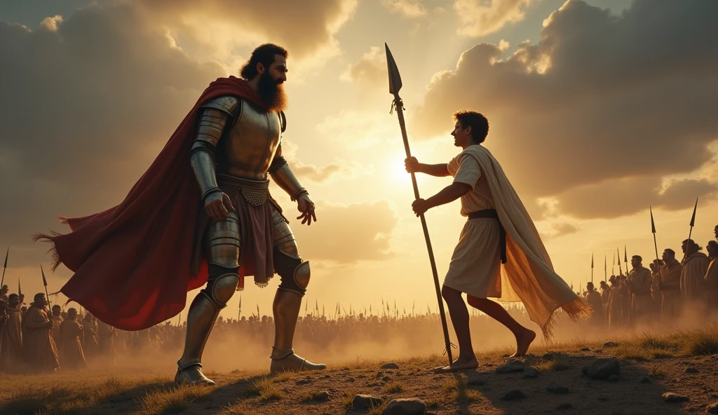 Imagine uma cena épica e intensa que captura o momento crucial da luta entre Davi e goliath. En el centro de la imagen, Davi, a young shepherd, is in a position of attack, holding a rope and stone. Your gaze is determined and full of courage, and he is dressed in simple shepherd's clothes, with a cloak that flutters lightly in the wind. Ao fundo, we can see a vast battlefield, with a crowd of Israelites and Philistines watching in anticipation.
In front of you, goliath, an imposing giant, rises like a mountain of strength. He is depicted in shining armor, holding a huge spear, that looks almost disproportionate in your hands. Your face is a mask of contempt, as he laughs disdainfully at his opponent. A expressão de Davi contrasta com a de goliath, showing not only the bravery of the young man, but also confidence in your faith.
Ao fundo, The sky is laden with dark clouds, creating an atmosphere of tension and drama, as rays of light illuminate the figure of David, symbolizing your inner strength. The surrounding terrain is rugged, with stones and grass, where the marks of the previous battle are still visible. This image should capture the essence of the struggle between good and evil., courage in the face of adversity, and the faith that can move mountains.