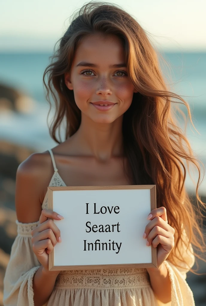 Beautiful girl with wavy long hair, bohemian dress, holding a white board with text "I Love Seaart Infinity" and showing it to the viewer