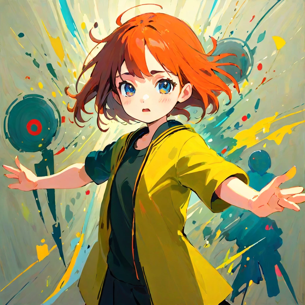 A girl defeating the bad guys, Amy Earls, abstract expressionism, Looks boring, gesture, Whimsical、Deformation、