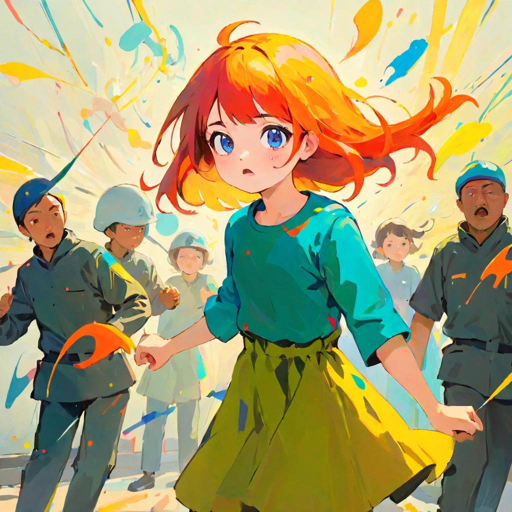 A girl defeating the bad guys, Amy Earls, abstract expressionism, Looks boring, gesture, Whimsical、Deformation、