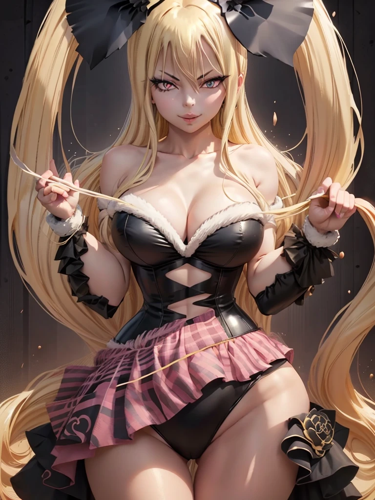 Tavern background, seductive pose, flirtatious, sharp eyes, lustful smile, 1girl, solo, looking at viewer, long hair, breasts, large breasts, (black bunny girl leotard, black bunny girl ears,), cleavage,[ART_CRYSTAL],ftselenekim,pink eyes,mature female, blonde hair, bare shoulders, sleeveless

