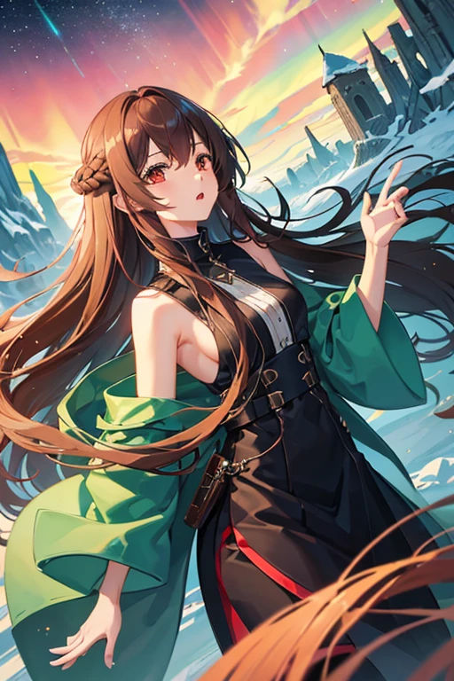 One girl, High resolution, Long Hair, Brown Hair, Red eyes, Close your mouth, cool,Land of Ice,Night Sky,Aurora,Looking up,Green mod coat,Beautiful,Fantastic landscape