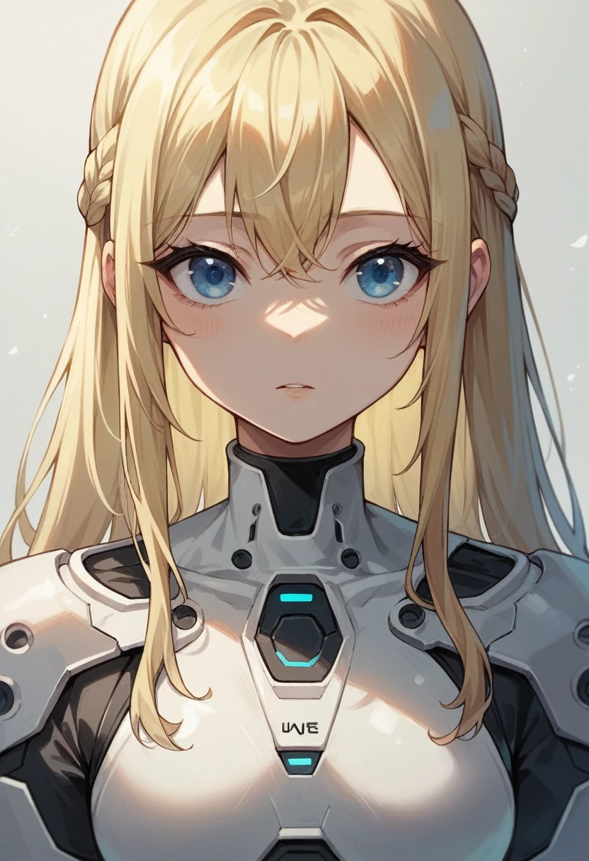 Slim blonde girl,Long hair, Two braided bangs in the front, blue eyes,white futuristic suit with green and blue, young 14 years old,