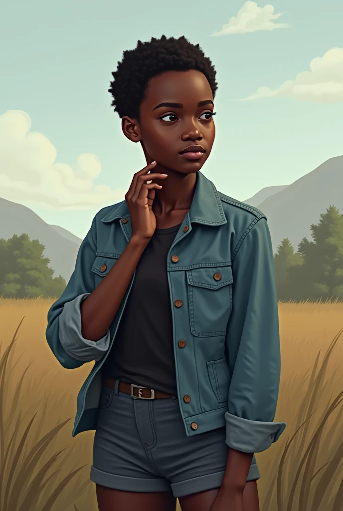The african woman has short hair and is dressed in a denim jacket, small shorts and dark shirt. He appears thoughtful, with a serene, natural background featuring clear skies and muted tones, emphasizing a rural, calm atmosphere.jpg