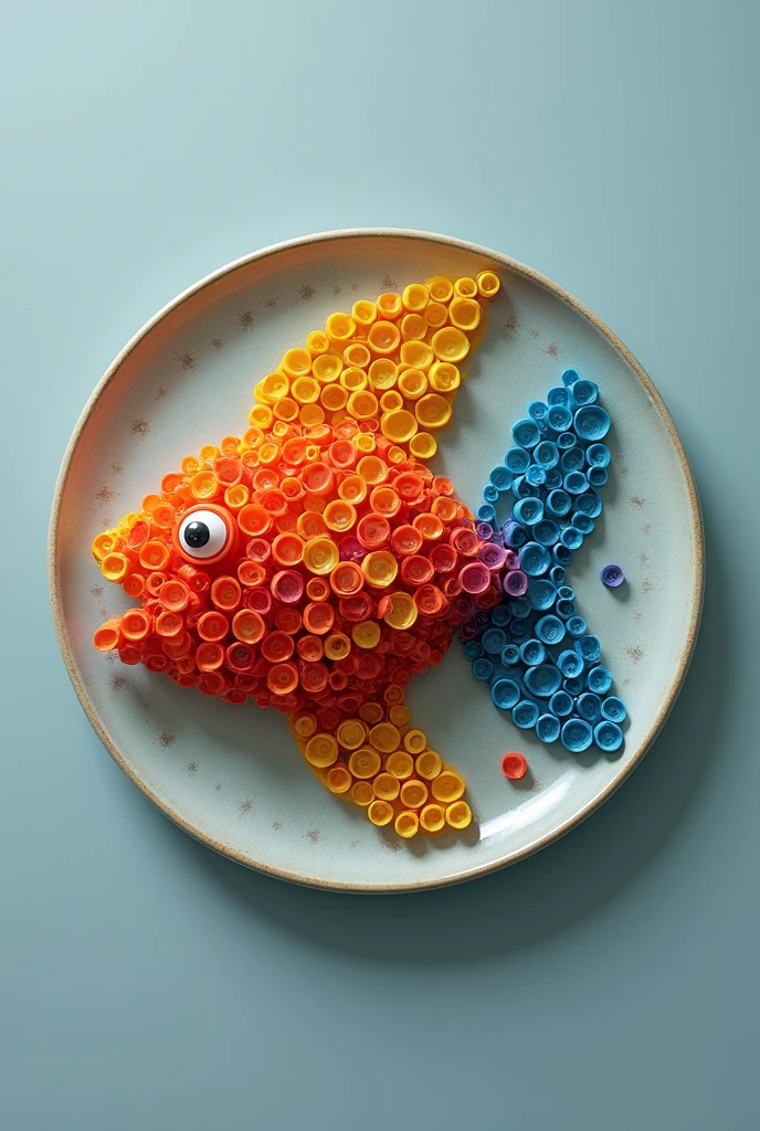 Plastic bottle caps on a plate, in the shape of a fish
