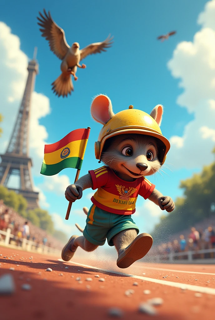 An animated armadillo athlete running in Paris 2024 with an old miner's helmet and his third Bolivian flag (Red color, yellow and green horizontally)
A lead puma chasing behind An Andean condor in the air The orientation of the colors of the t-shirt upside down : first red then yellow then green