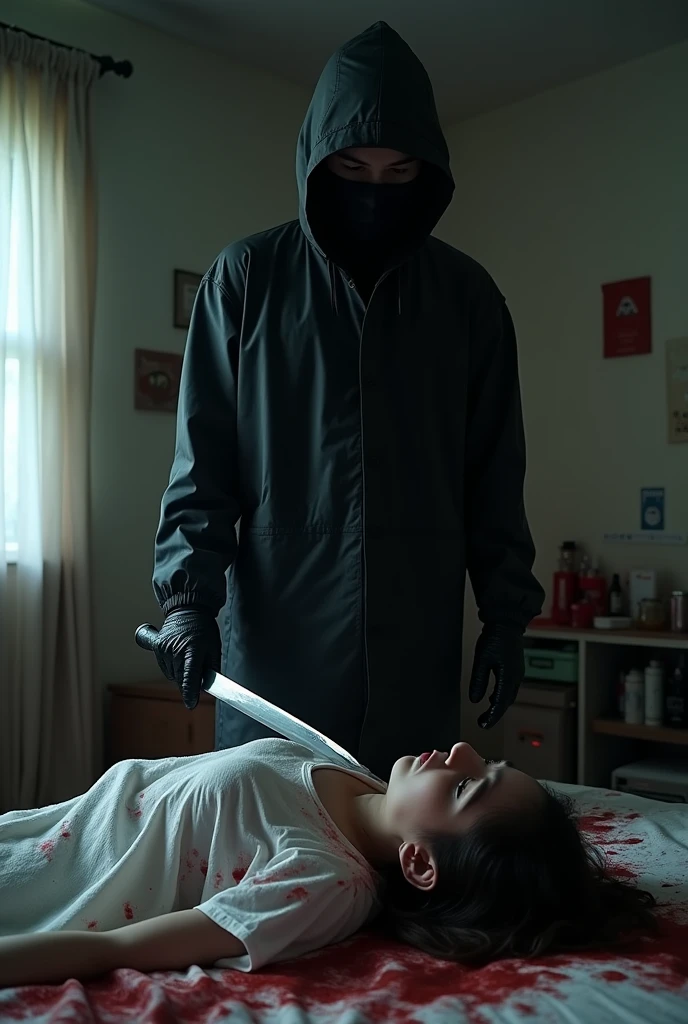 korean girl, (behind corpse, holding knife), balaclava, black gloves, room full of blood, black raincoat, hood up, holding knife, black gloves, woman on top, behind corpse, blood splatter, on the bed, mass murderer, killer, blood splatter, dark atmosphere, cinematic lighting, atmospheric realistic, light from the window
