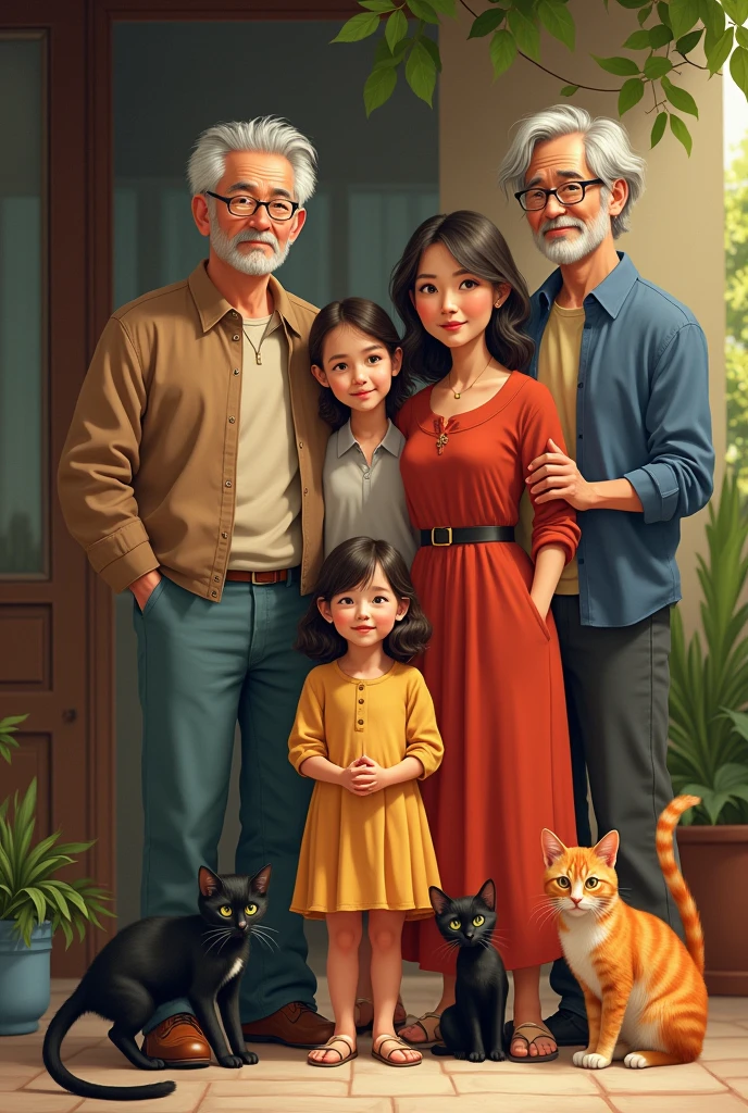 A family with 2 grandparents with a few gray hairs, They have 4 children, the 40 year old son, 30 year old daughter, 25 year old son and 19 year old daughter. A 4 year old granddaughter. With two black cats and an orange cat.
