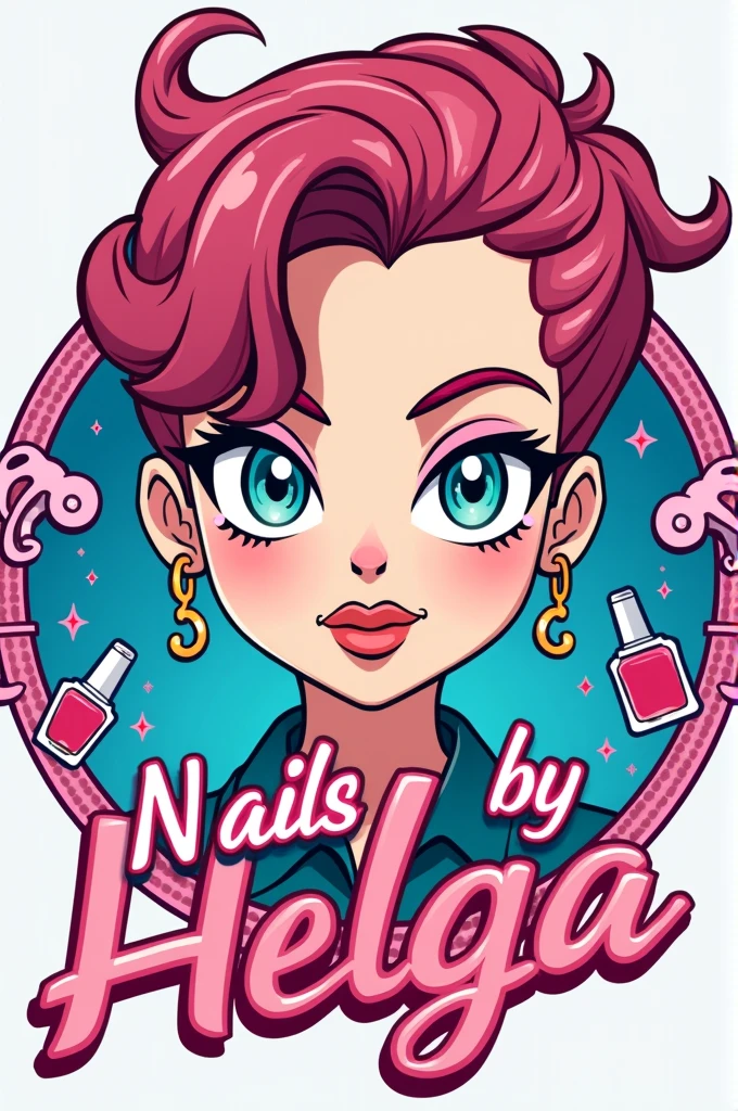 The logo of an anime-themed nail salon. The main face is Helga pataki from the series hey! Arnorld. The name of the salon is Nails by helga