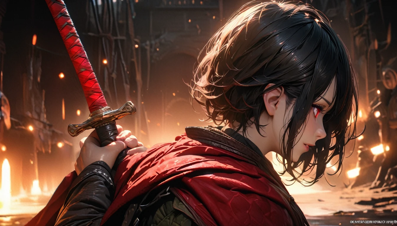 ((Super detailed, ultra hd, 8k, best quality, masterpiece, ultra realistic, perfect face, detailed eye, beautiful hands)) Anime girl, Black Hair, Short Hair, Red Eyes, Holding Red Sword, Psycho Smile, sharp gaze, facing away, shining eyes, Red Cape, Adventurer Cloth (night, scouting, intense atmosphere)