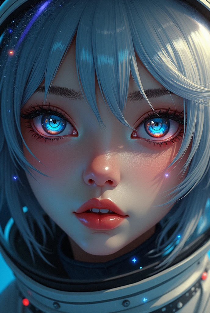(Close-up of a better masterpiece:1.5)0.9], (Space and astronauts:1.2) (Messy silver hair:1.1) (Heterochromia xanthochromia and blue eyes:1.2) (Space Helmet:1.0) (Colored stars in the eyes:1.0) (A radiant glow:1.1) (thick lips:0.9)