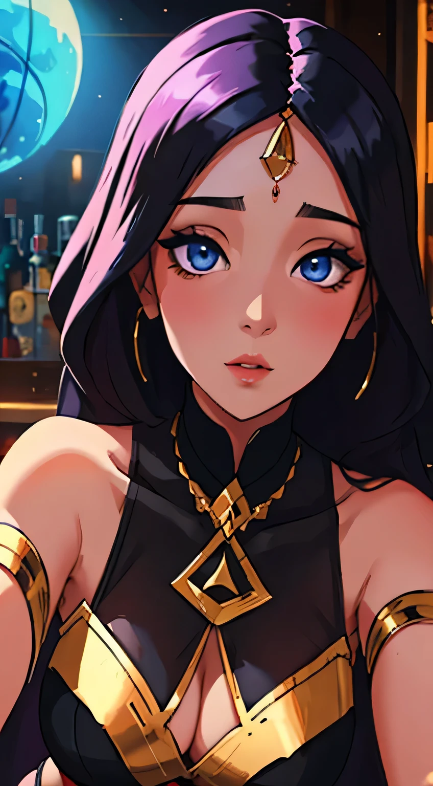 Amazing portrait of a female middle eastern traditional bar dancer seducing with her seductive eyes emphasized by her dazzling face covering dancing with her flexible hourglass body wearing seductive and revealing clothes in an intimate environment
