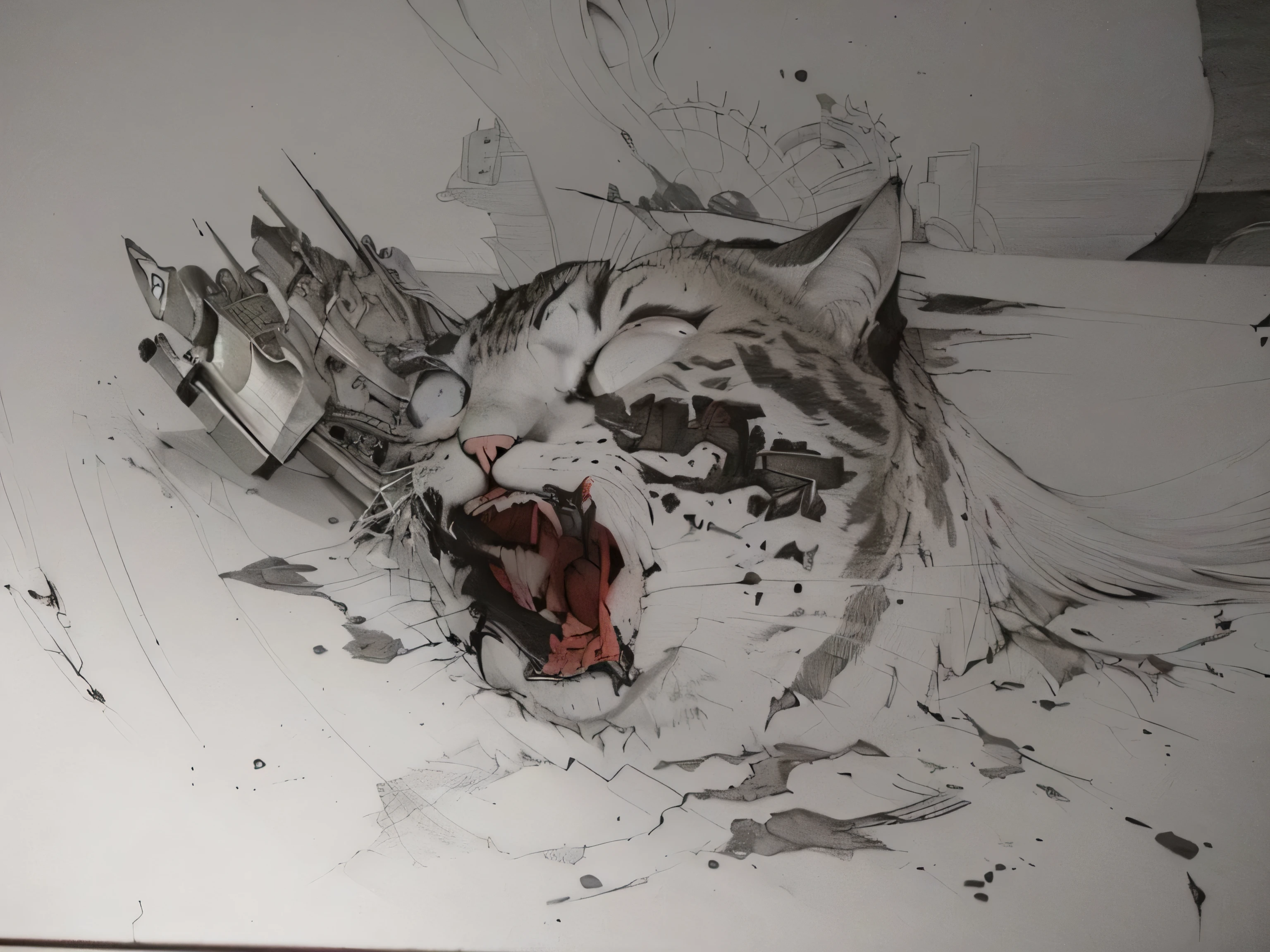 drawing of a cat with a bloody face and a knife in its mouth, dissection sketch, ink under drawing, pencil and ink drawing, pen and ink work. sharp focus, pencil and ink, ink and pencil, detailed penciling, bionic exploded drawing, inspired by katsuya terada, inspired by Federico Barocci, pencile and ink