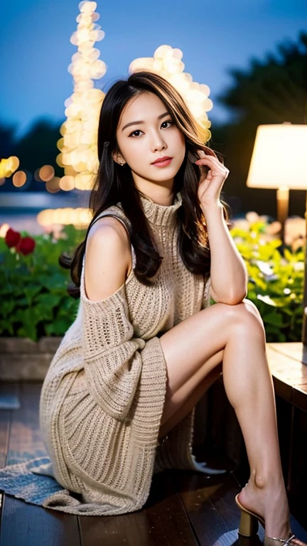 Dark brown hair、Light brown eyes、Japanese actress、 Lady、I am about 40 years old..、(Intricate details:1.2)、(Which one is on top??:1.4)、 (Ultra-high resolution:1.2)、Ultra-high resolution、(Finely tuned)、(Detailed facial features)、Hmph、8k resolution、D cup size breasts、Long Hair、Rooftop Bar、Night view、Extravagant space、relax、、,Full body photo、Head to toe shot、Beautiful legs、Camisole dress、Beautiful legs、she,   Fashion Hub, Extreme Detail, Very detailed, Realistic, Hourglass-shaped body, Obscene pose,、、私 cry a lot、tears、diagonally from below、Please lift your chin、Put your butt against the wall、Relaxed expression、Pose of Weakness、(auraroid photo:1.2)、From outside the window、A masterpiece of transparent painting、8k、32K、highest quality、(Details of both eyes)、1 girl、elegant、(Black loose knit :1.4)、Night view。(Low Angle、Look up and look at me:1.2)、Hilarious、Looking at the camera、Holding a Red Rose flower in hand、Red Rose、stem with spines、手にRed Rose、