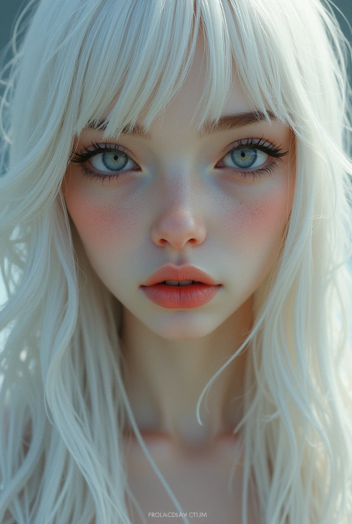 A girl with long white hair,light olive skin on nose, full pink lips, gray eyes, high cheekbones