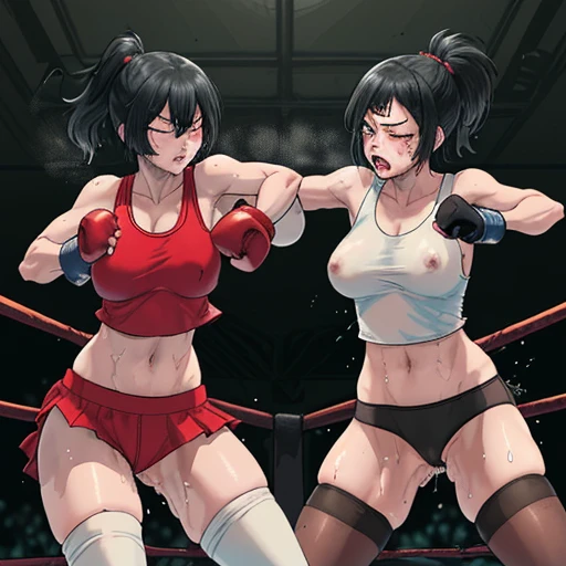 punch, punch, punch. life or death struggle. survival battle. dynamic exciting action in the octagon ring. whole body picture. two bloody beautiful Japanese high school student girl fighters are looking at each eyes. they are beating each other so hard. They are banging their punches against their opponents. Blood is dripping from their nose. they are covered in scars and bruises. they are damaged terribry. Short-cut black hair, out of breath, drooling from mouth, one eye closed, exhausted, drenched in sweat. Erect nipples. open finger glove. mini tanktop, high-leg panty. Stockings. armcovers. Excellent proportion body.