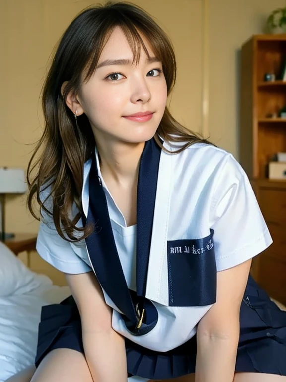 (Masterpiece, Best quality: 1.4), (Ultra realistic, Photo-realistic: 1.2), Full body, (kneeling: 1.3), Looking at viewer, Natural light, 28 years old actress, Japanese women, (arms behind back: 1.2), Neat and clean, ((Wearing Sailor suit, Navyblue collar, White shirts, Short sleeve, School, Navyblue skirt, Black skirt,:1.2)), Wearing white sock, (ponytail: 1.2), Light brown hair color, (Beautiful Face), Oval face, clear, (Beautiful eyes, Kind eyes), (Clear skin), Small face, (Small mouth, Beautiful mouth), Natural makeup, Approachable, Hotel Suite room, On bed, (nsfw:1.1), Seductive smile, Seductive pose, Beautiful thighs, Touch pussy, Bedroom eyes, Spread legs,