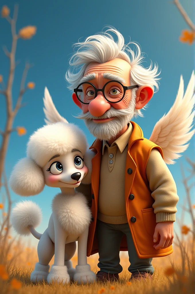 make a poster, disney pixar type, in which there is a frash poodle minitoy dog, old man, Small ears, all the hair disheveled, NOT FLUFFY and not looking sad, White color, with an orange vest, draw some wings behind.