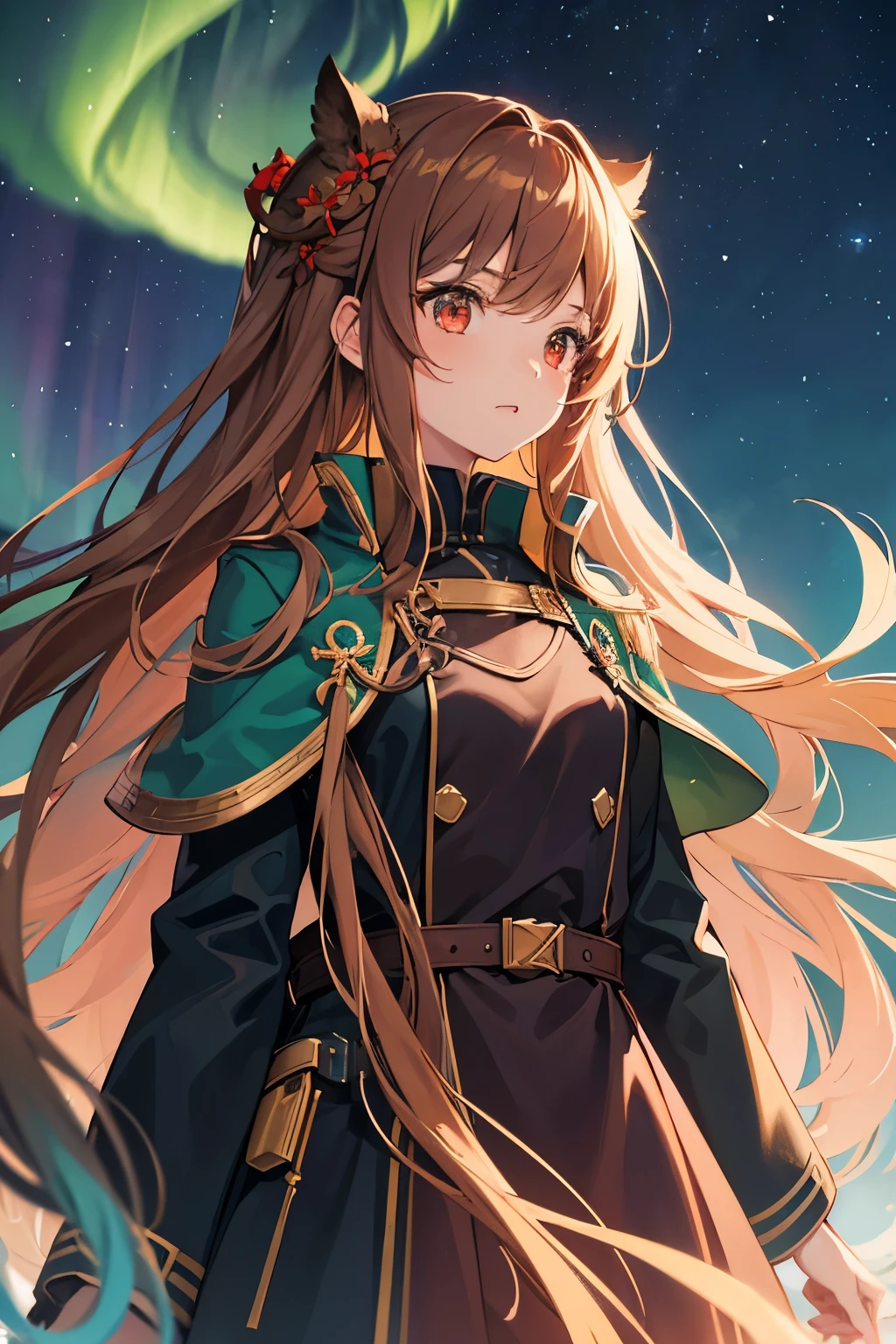 One girl, High resolution, Long Hair, Brown Hair, Red eyes, Close your mouth, cool,Land of Ice,Night Sky,Aurora,Looking up,Green mod coat,Beautiful,Fantastic landscape