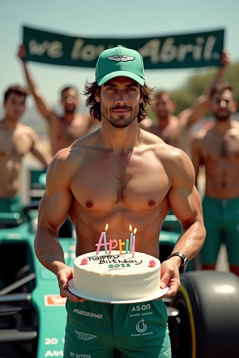 a muscular man without a shirt, with slightly long hair, hazel eyes, a marked jaw wearing the cap and pants of the Aston Martin F1 team of the year 2023 offering a birthday cake with the name "happy birthday April" on the cake looking seductively at the camera. In the background of the image, a group of young men with big penises, shirtless, with wet torsos and green turbo swimsuits on top of a Formula 1, holding together a banner that contains "we love Abril."