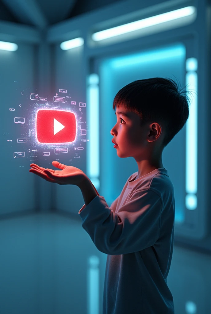 A boy hands up and in his hand youtube logo futuristic 4k images 