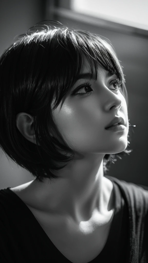 1girl, solo, masterpiece, best quality, uhd, highres, extremely detailed 8K wallpaper, (short hair:1.3), black white t-shirt, realistic, photorealistic, photo-realistic:1.37, detailed facial features, detailed eyes, detailed nose, detailed lips, detailed face, portrait, cinematic lighting, dramatic lighting, chiaroscuro lighting, high contrast, moody, atmospheric, intricate details, hyper-realistic, perfect composition, seamless blending, stunning, mesmerizing