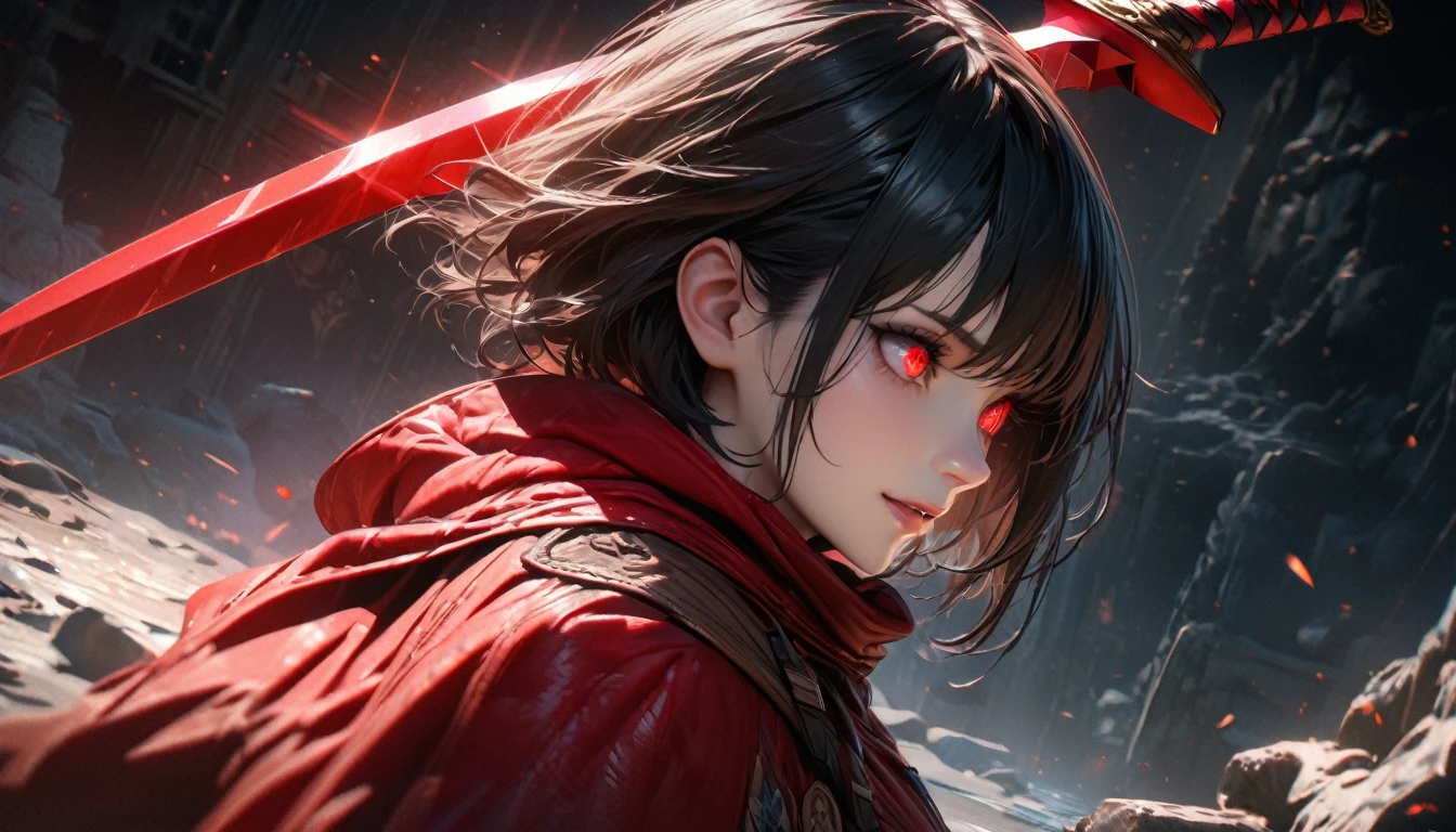 ((Super detailed, ultra hd, 8k, best quality, masterpiece, ultra realistic, perfect face, detailed eye, beautiful hands)) Anime girl, Black Hair, Short Hair, Red Eyes, Holding Red Sword, Psycho Smile, sharp gaze, facing away, shining eyes, Red Cape, Adventurer Cloth (night, scouting, intense atmosphere)