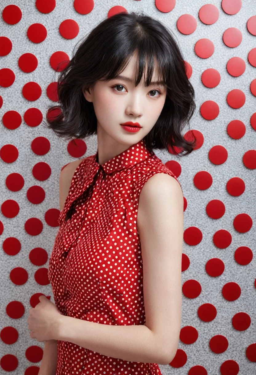 Shiny,Vague,red polka dots,grid,1 girl,fair