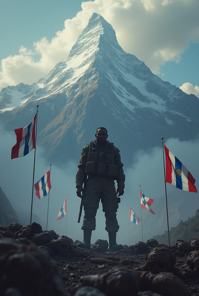 I want an image where there is Olympus and in the background the flag of Costa Rica and a soldier with thousands of deaths behind him.