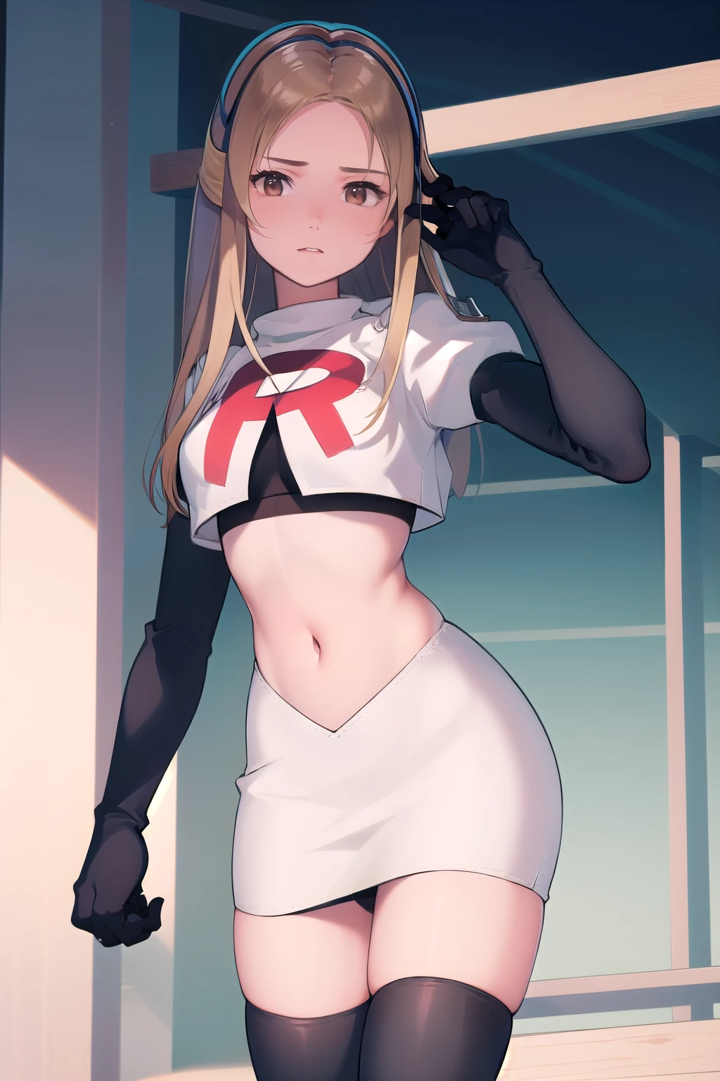 masterpiece, best quality, mathilda, brown eyes,helmet,  looking at viewer, team rocket,team rocket uniform,white skirt,red letter R,crop top,black thigh-highs,black elbow gloves