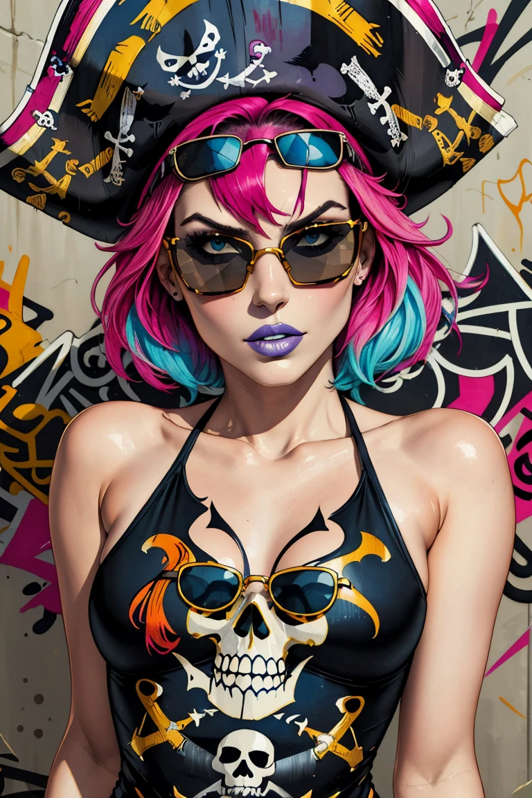 watercolor painting, 8k resolution、((of the highest quality))、((masterpiece))、((Super detailed))、1 female、alone、incredibly absurd、 (((The most beautiful pirate girl of all time.))), (((stylish sunglasses))), lips in love, White skin, pirate hat, skull fashion, neon、short hair、small breasts, (((graffiti art))), colorful hair, provocative