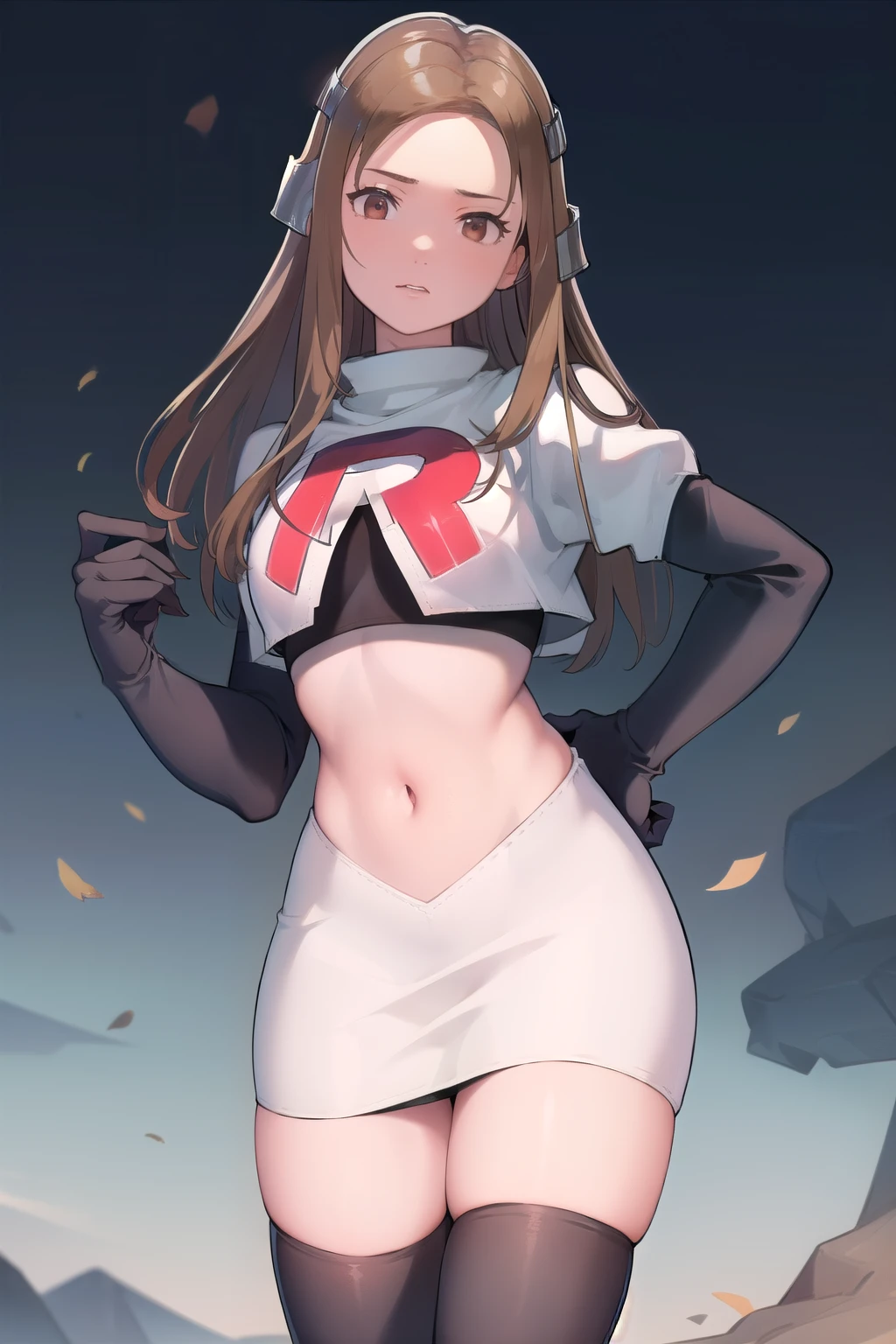 masterpiece, best quality, mathilda, brown eyes,helmet,  looking at viewer, team rocket,team rocket uniform,white skirt,red letter R,crop top,black thigh-highs,black elbow gloves