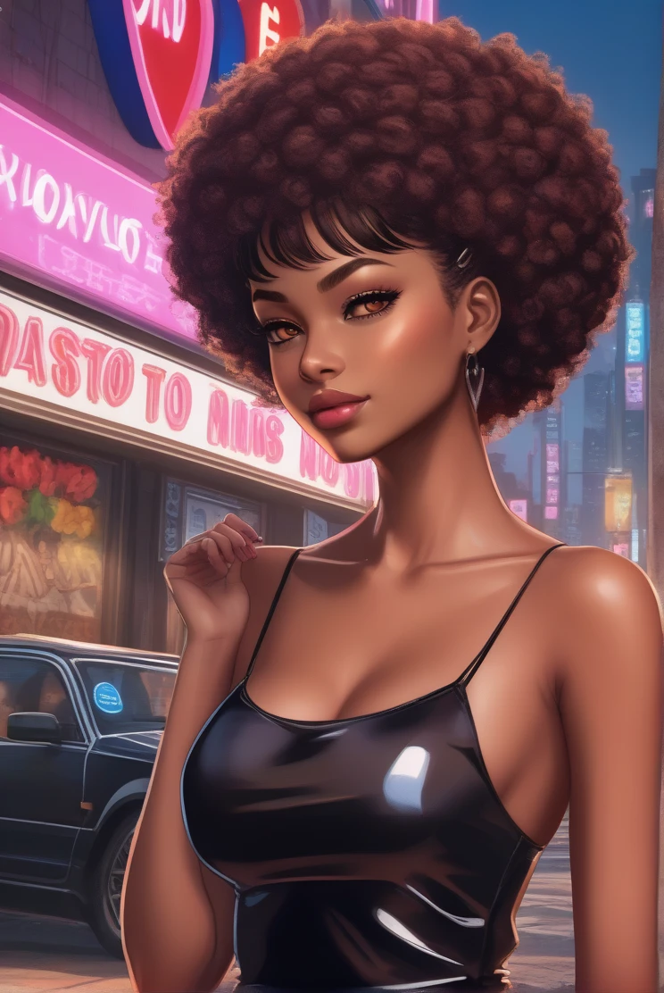 atmosphere oleosa hearts afro teen GTA sexy line hair no meio floresta eletrônica surrounded by neon signs de joelhos com um revólver prata apontando para seu rosto vestido marron black red com big correntes brilhantes com arcos with a slight wind lifting herrealistic, ultra high htperdelalyt great attention to the body and face UHD 8K Watercolor, trending on artstation sharp focus, studio photo, intricate details, highly detailed n anime 2d death note