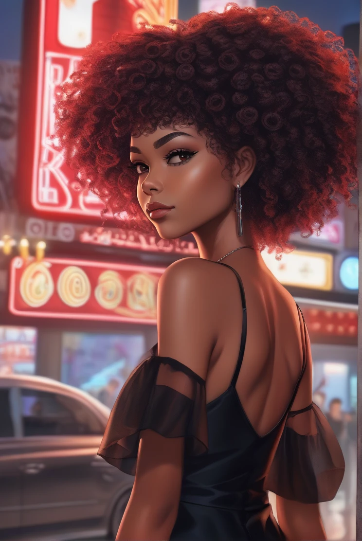 atmosphere oleosa hearts afro GTA sexy line hair no meio floresta eletrônica surrounded by neon signs de joelhos com um revólver prata apontando para seu rosto vestido marron black red com big correntes brilhantes com arcos with a slight wind lifting herrealistic, ultra high htperdelalyt great attention to the body and face UHD 8K Watercolor, trending on artstation sharp focus, studio photo, intricate details, highly detailed n anime 2d death note